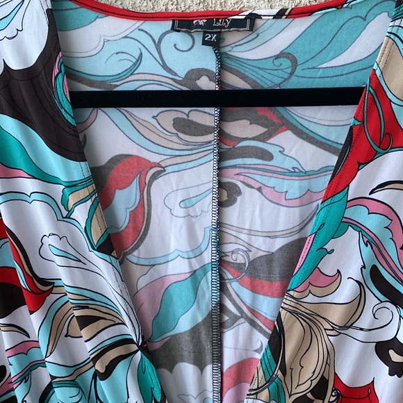 Lily 🩵 Geometric Retro Patterned Long Open Topper, Elastic Waist Front Tie, 2X - Picture 3 of 13